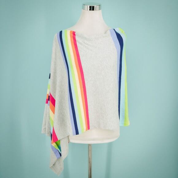 Alashan One Size Grey Gray Rainbow Stripe Cotton Cashmere Blend Poncho Sweater - Picture 1 of 3